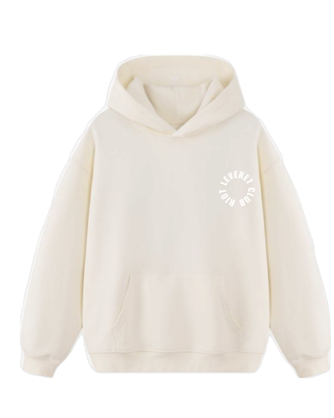 Riot Leveret Club Legacy Oversized Hoodie in Off-white and cyrcle white logo, 450 GSM heavyweight French Terry, front view showing structured hood and dropped shoulder silhouette.