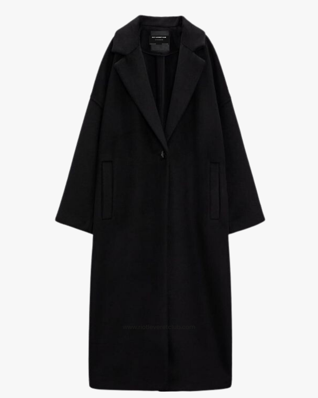 Riot Leveret Shroud Oversized Coat in black, heavyweight wool blend, front view showing structured collar and architectural silhouette.