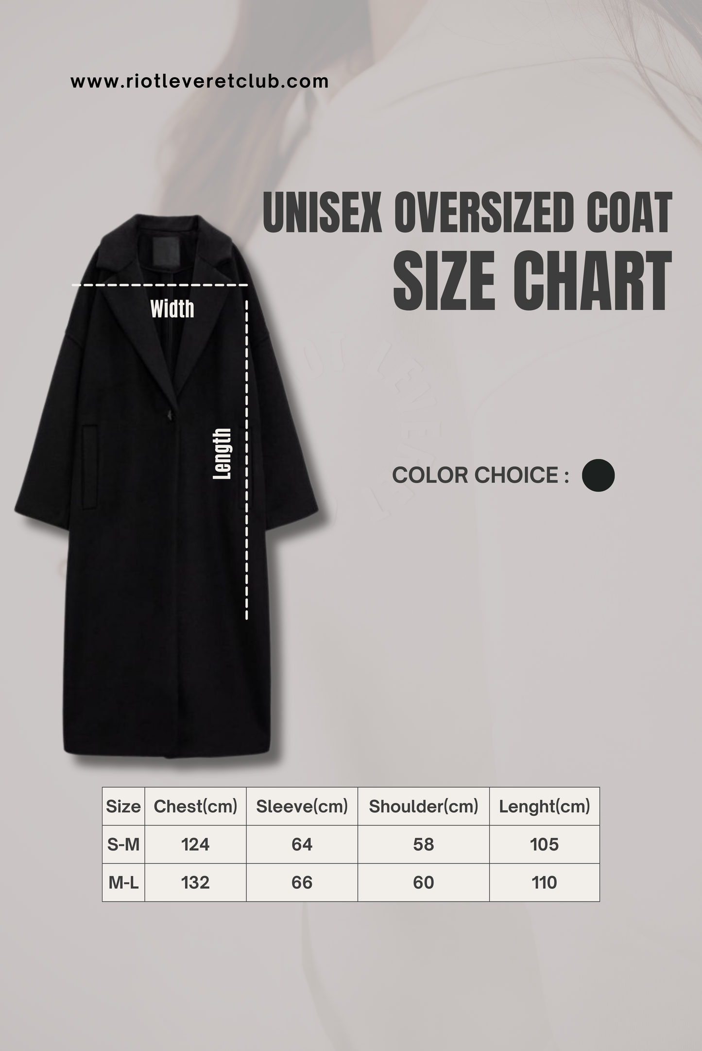 the size chart shows the sizes in S-M and M-L includes Size of Chest(cm)	Sleeve(cm), Shoulder(cm), and Length(cm)