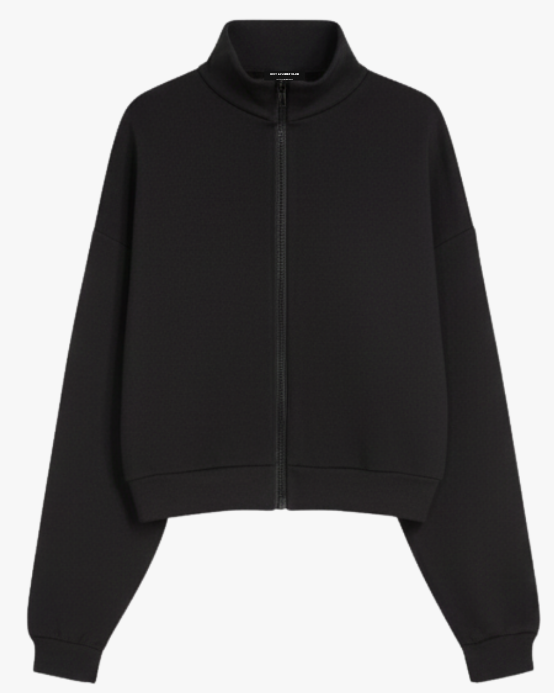 Riot Leveret Club Black Glitch Zip-Up Sweater in boxy cropped fit, 550 GSM heavyweight fleece and white background 