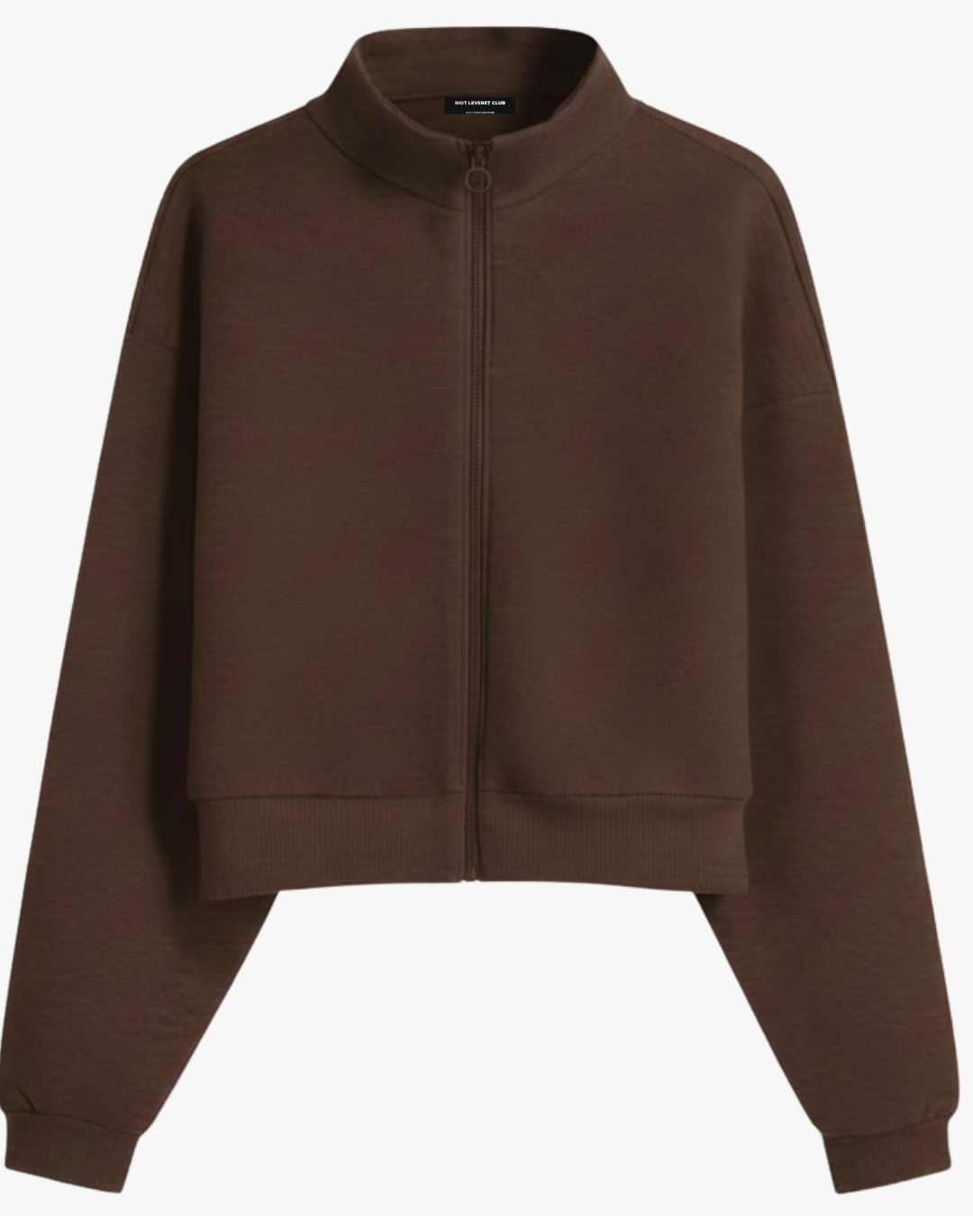 Riot Leveret Club Brown Glitch Zip-Up Sweater in boxy cropped fit, 550 GSM heavyweight fleece, and white background 
