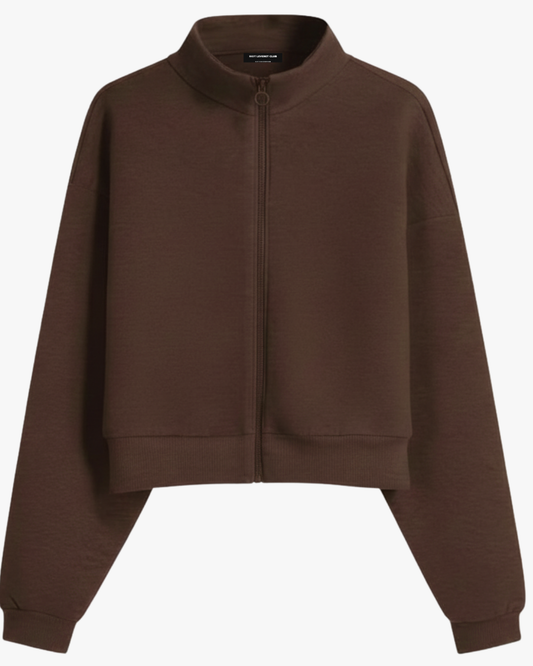 Riot Leveret Club Brown Glitch Zip-Up Sweater in boxy cropped fit, 550 GSM heavyweight fleece, and white background 