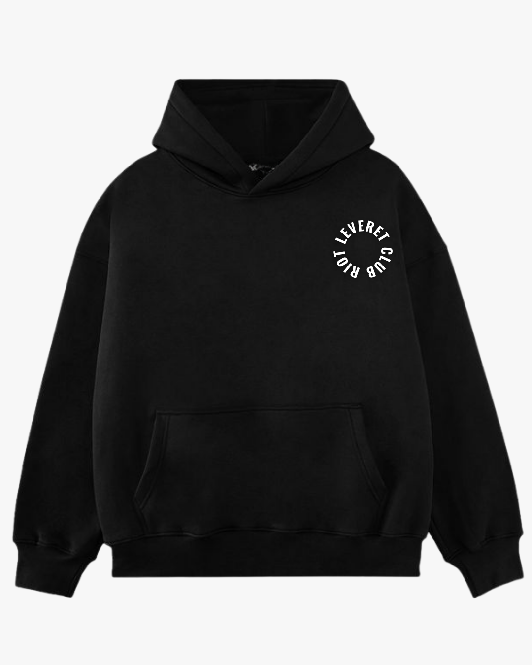 Riot Leveret Club Legacy Oversized Hoodie in black and cyrcle white logo, 450 GSM heavyweight French Terry, front view showing structured hood and dropped shoulder silhouette.