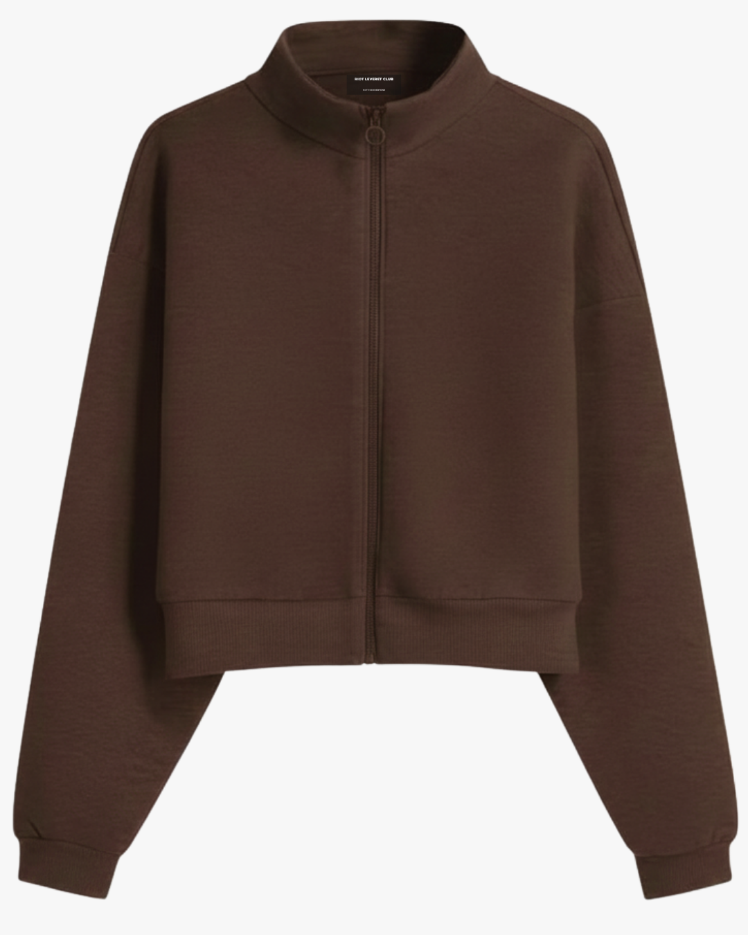Riot Leveret Club Glitch cropped zip-up sweater, oversized fleece, brown, front view
