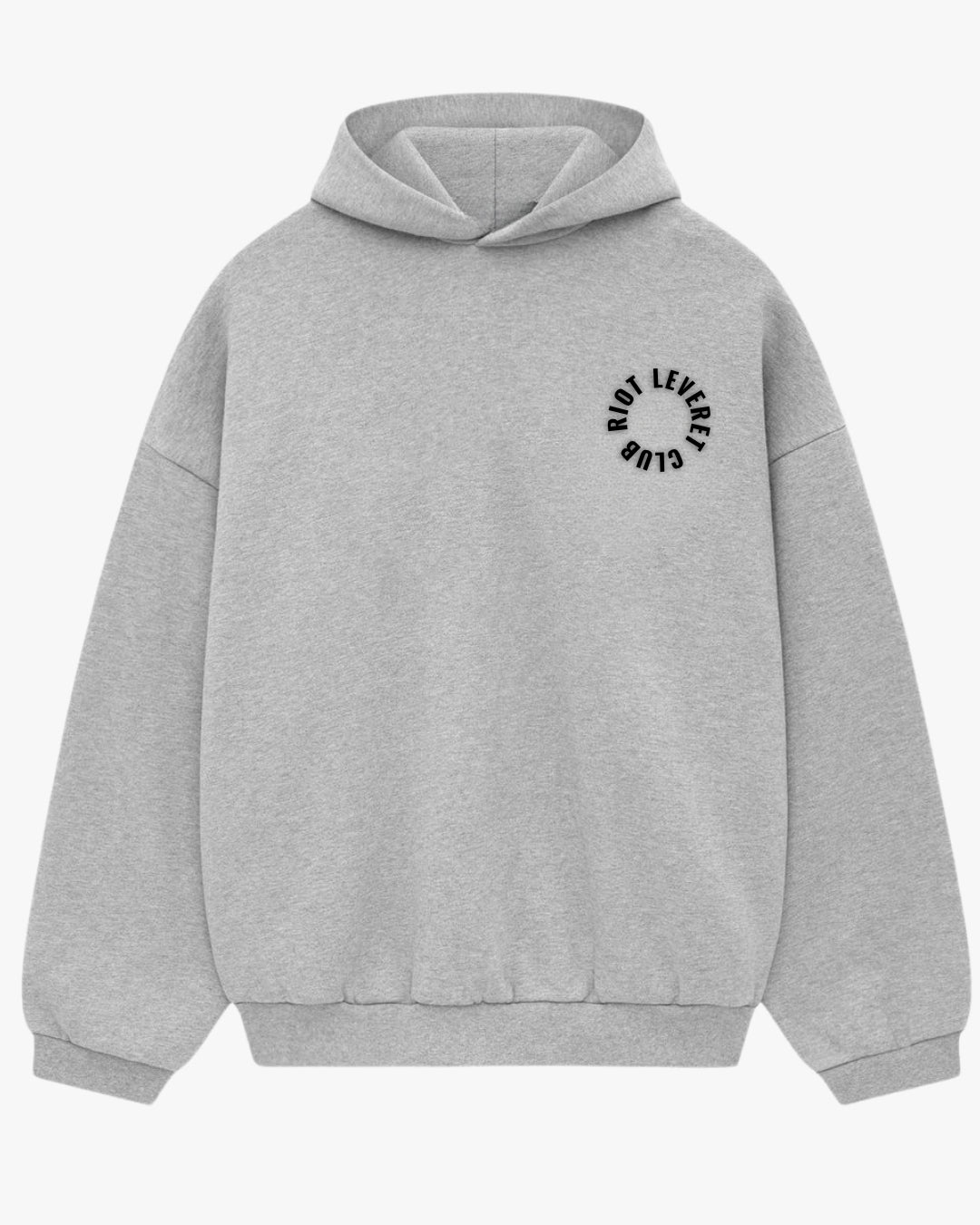 Riot Leveret Club Legacy Oversized Hoodie in light gray and cyrcle BLACK logo, 450 GSM heavyweight French Terry, front view showing structured hood and dropped shoulder silhouette.