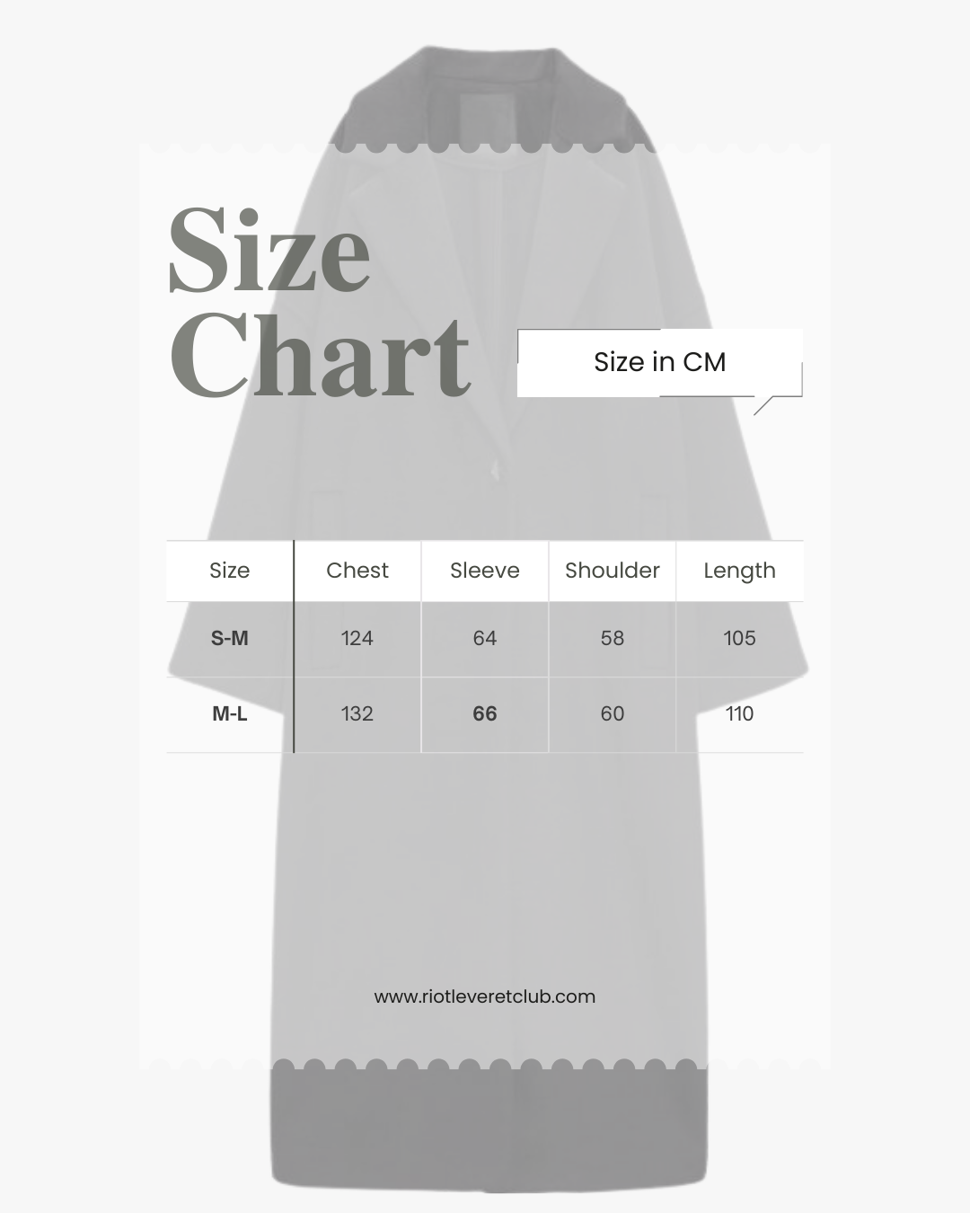 Riot Leveret Shroud Oversized CoatSize Chart, heavyweight wool blend, front view showing structured collar and architectural silhouette.