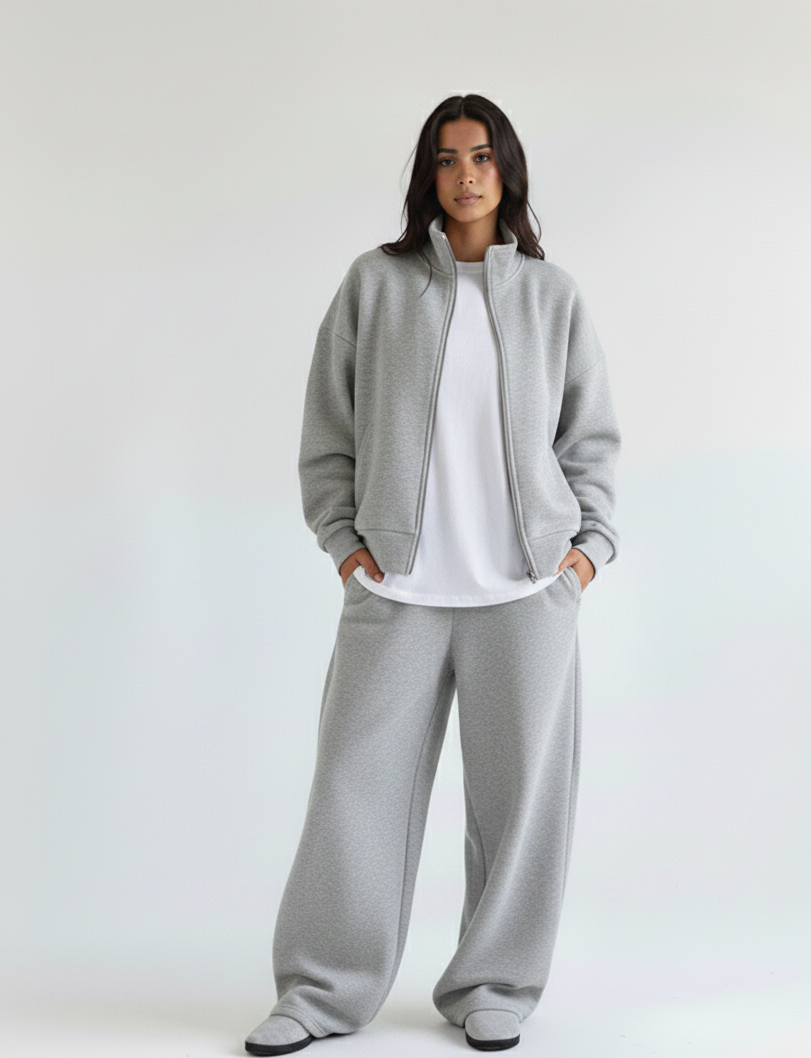 Person wearing Riot Leveret Club light gray tracksuit on a white background