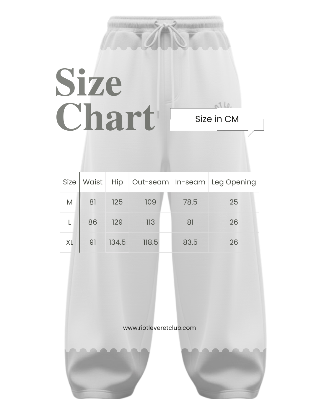Riot Leveret Club sweatpants size chart 