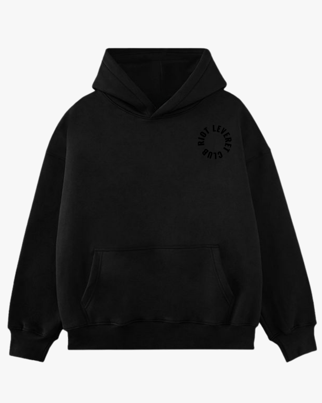 Riot Leveret Club Legacy Oversized Hoodie in black and cyrcle black logo, 450 GSM heavyweight French Terry, front view showing structured hood and dropped shoulder silhouette.