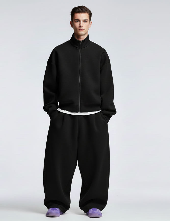 mane wearing Riot Leveret Club a black tracksuit against a white background