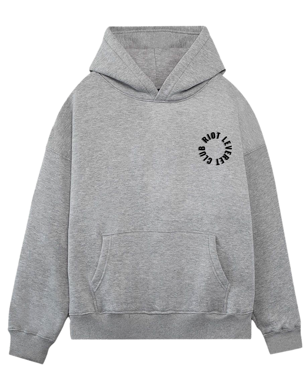 Riot Leveret Club Legacy Oversized Hoodie in gray, 450 GSM heavyweight French Terry, front view showing structured hood and dropped shoulder silhouette.