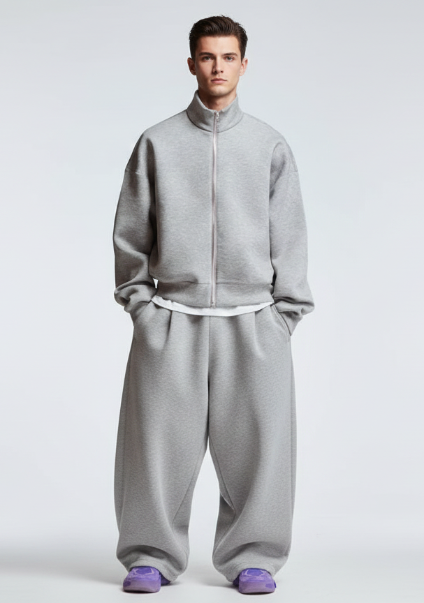 mane wearing Riot Leveret Club a light gray tracksuit against a white background