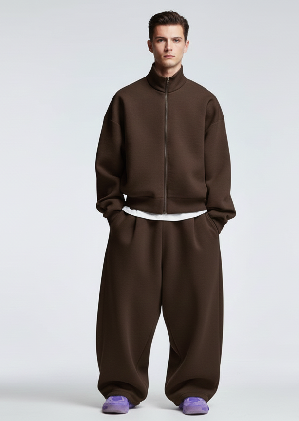 mane wearing Riot Leveret Club a brown tracksuit against a white background